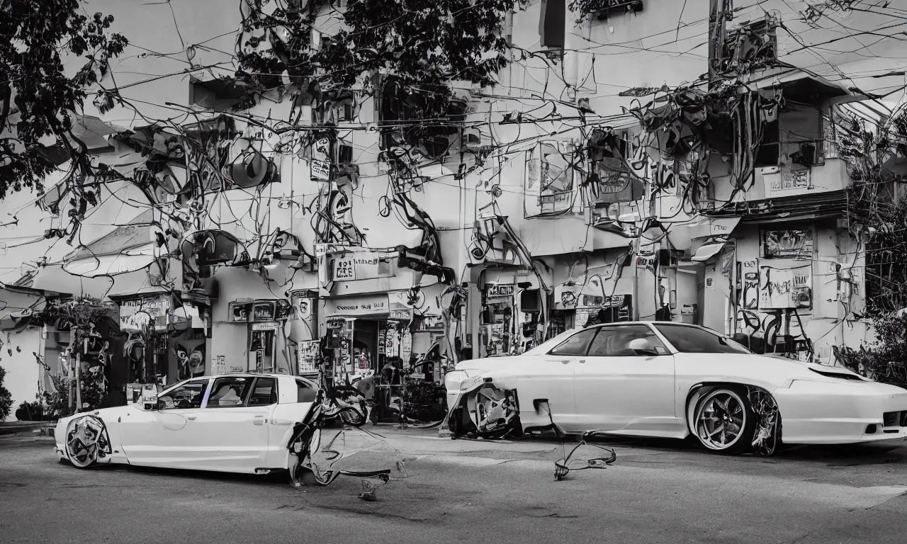 Prompt: fujifilm 8 k 1 4 0 mm photograph of nge street racer car parked in sunny santa cruz neighborhood, leica 8 k photograph of minimalist 9 0's need for speed street racer car made out of neon genesis evangelion angel metal parts