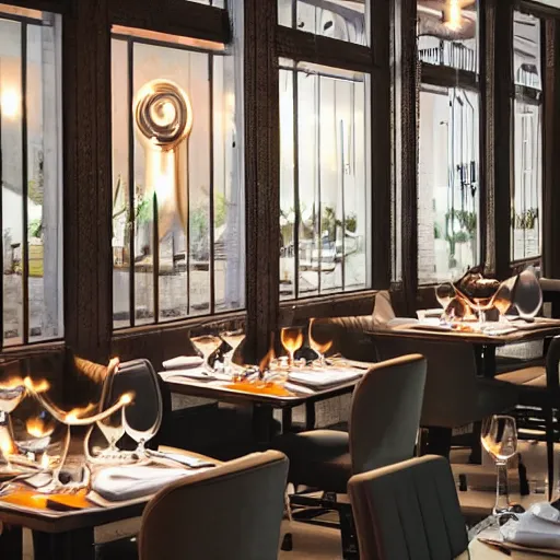Prompt: kuka industrial robot arms having dinner inside a fine dining restaurant with global illumination