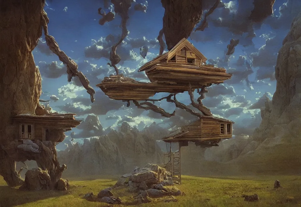 Prompt: a surreal cabin, art by james gurney and greg rutkowski, surrealism by salvador dali, very detailed, high resolution, inspired by rene magritte, volumetric lighting