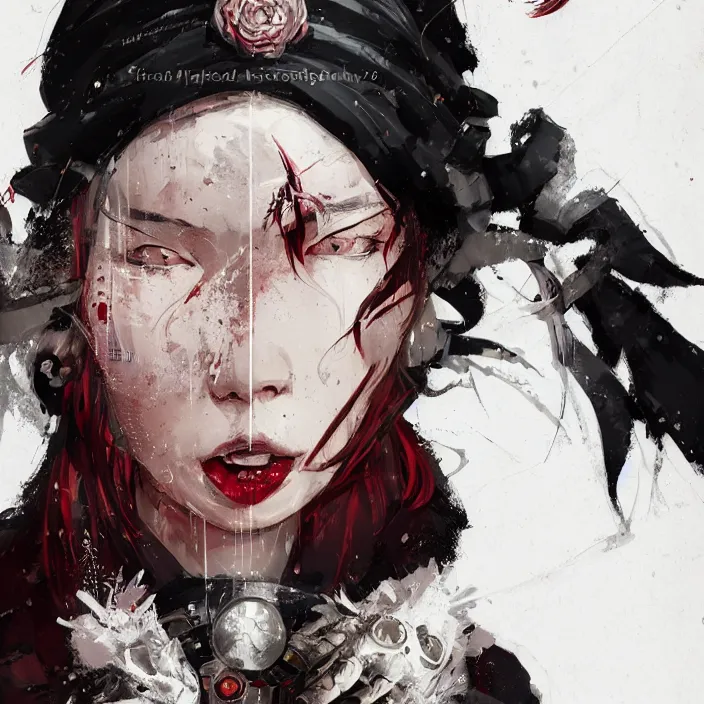 Prompt: highly detailed closeup portrait of a sewer punk asian female assasin, tartan cloak, white hair with headband by atey ghailan, by greg rutkowski, by greg tocchini, by james gilleard, by joe fenton, by kaethe butcher, gradient red, black, brown and white color scheme, grunge aesthetic, white graffiti tag wall background