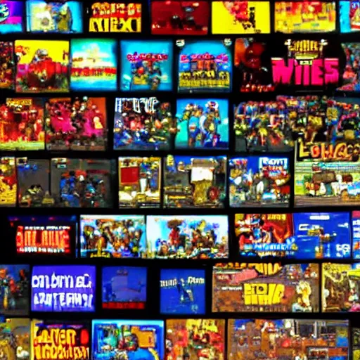 Prompt: Dozens of TV sets playing 1980s video games