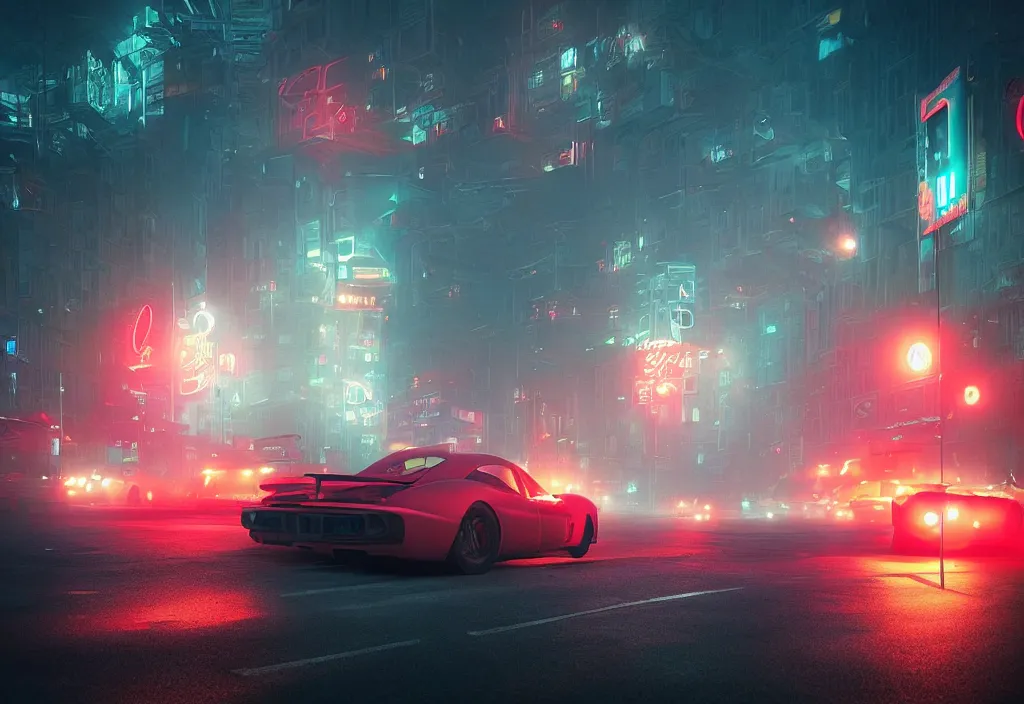Prompt: dramatic epic stunning beautiful and insanely detailed matte painting of a foggy night with race cars and red lights, lens flares, atmospheric and vaporwave composition, digital art by Kilian Eng and Simon Stalenhag, masterpiece, fantastic, octane render, 8K HD Resolution, High quality image