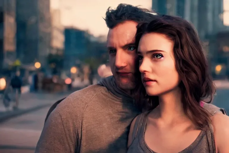 Image similar to movie beautiful superhero couple closeup, DC Marvel fashion, VFX magic powers at night in the city, city street, beautiful skin, natural lighting by Emmanuel Lubezki