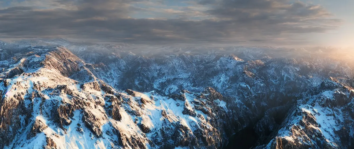 Prompt: a photorealistic breathtaking aerial view of the eastern snow covered alps mountain range at sunrise, cliffs, volumetric light, haze, fog, snow, hyperrealism, rock edge, highly detailed, intricate, cinematic, front facing camera, cinematic, epic lighting, 8 k by frederic church, albert bierstadt