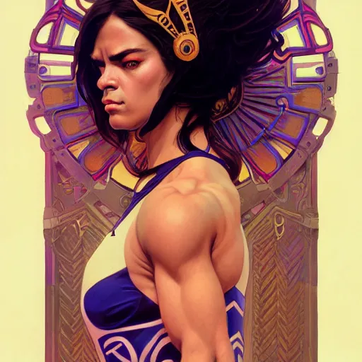 Image similar to portrait of lucha libre dj, muscular, fantasy, intricate, elegant, highly detailed, digital painting, artstation, concept art, smooth, sharp focus, illustration, art by artgerm and greg rutkowski and alphonse mucha