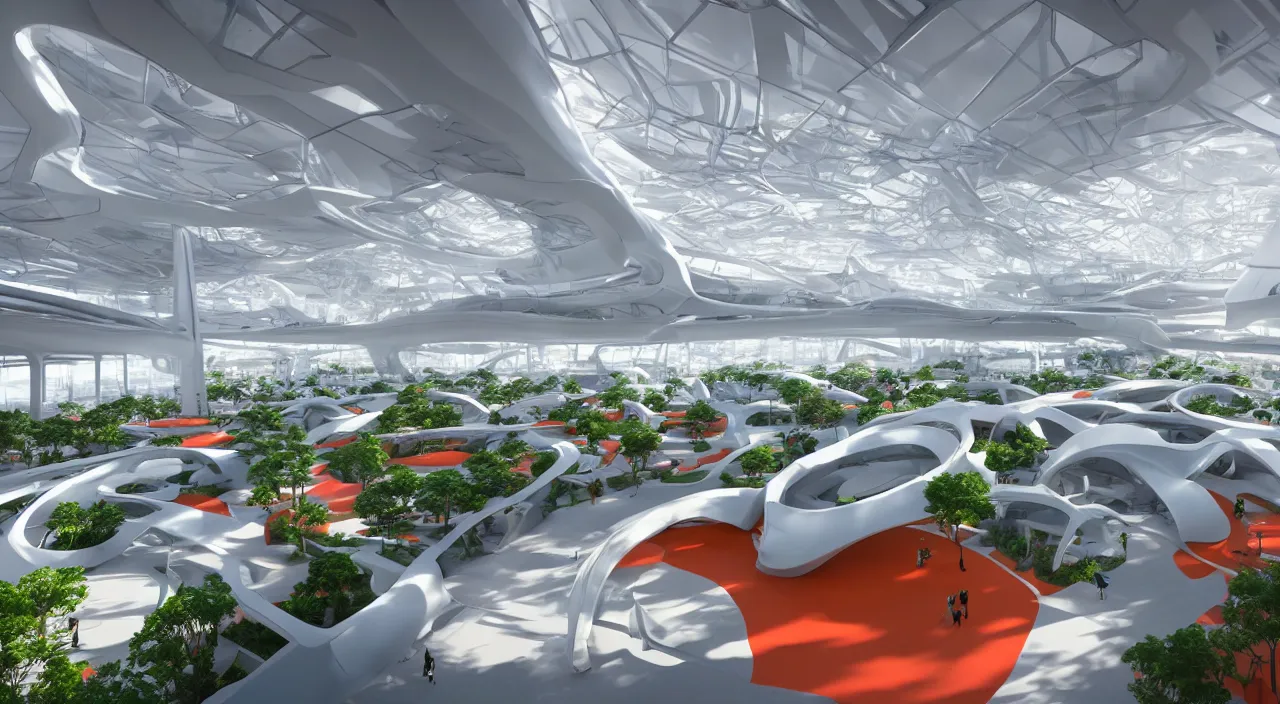 Prompt: futuristic open office with parks and plants, glowing computer screens, made with glossy white plastic and large windows and voluminous light and light rays, extremely intricate, very detailed, in style of zaha hadid, artstation, octane render, with reds and oranges, cinematic lighting