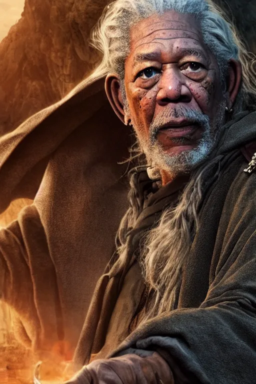 Image similar to morgan freeman starring as gandalf in lord of the rings, cybertronian, long shot, cinematography by wes anderson, 4 k octane render, intricate detail, photorealistic, cinematic lighting, artstation