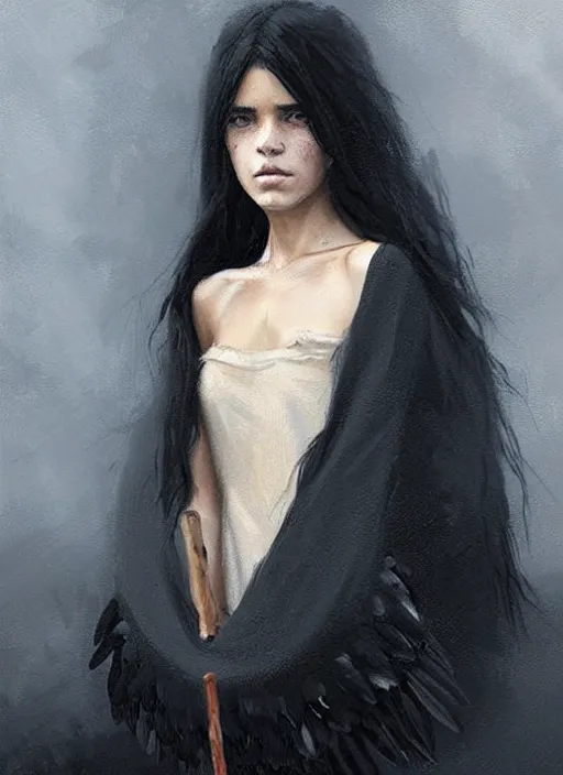 Prompt: a teenage girl with very short black hair and a huge cloak made of black raven feathers. beautiful highly detailed face. beautiful painting by greg rutkowski