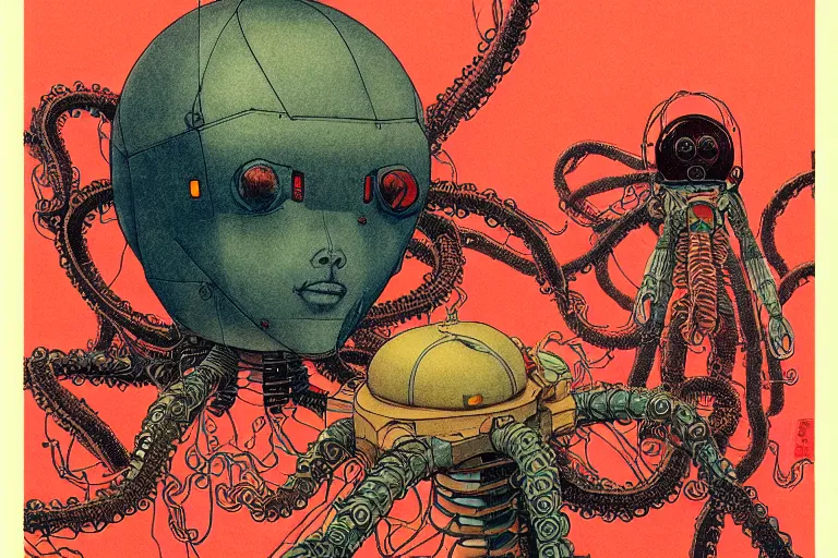 Image similar to risograph grainy drawing vintage sci - fi, satoshi kon color palette, gigantic gundam full - body covered with human bodies and wires, with lot tentacles, vermilion and black hues, codex seraphinianus painting by moebius and satoshi kon and dirk dzimirsky close - up portrait