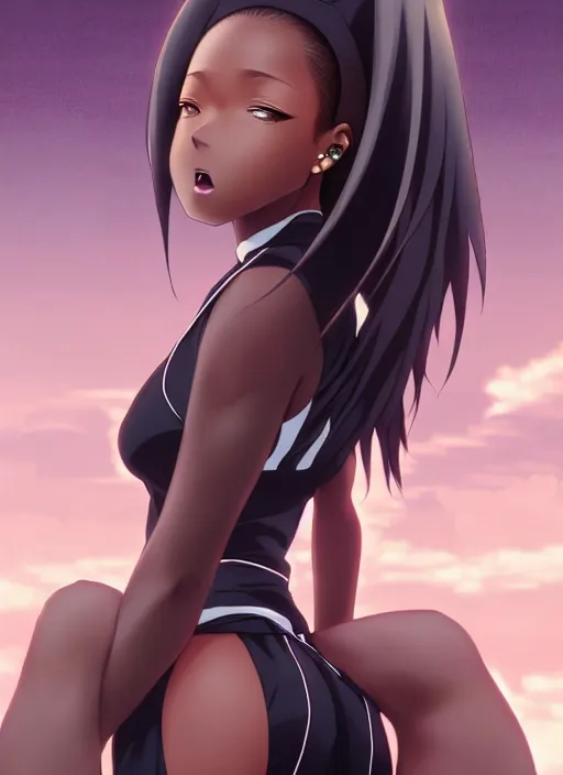 Prompt: beautiful city black woman only, anime style only, shy personality, scenery wallpaper aesthetic, pastel colors only, symmetrical face and full body, cinematic, dramatic, super detailed and intricate, hyper realistic, 4 k render, by artgerm, by kyoung hwan kim, by ralph mcquarrie, by yoshiyuki tomino