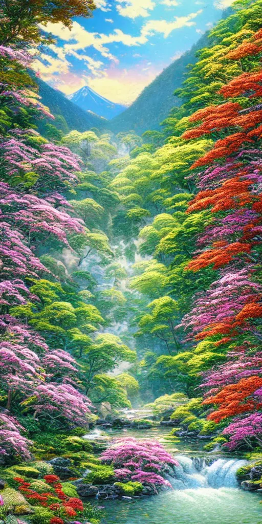 Prompt: breath - taking beautiful trees, streams, flowers, and mountains. an aesthetically pleasing, dynamic, energetic, lively, complex, intricate, detailed, well - designed digital art of trees, streams, flowers, golden hour, light and shadow, overlaid with aizome patterns, shin - hanga by thomas kinkade and bob ross, traditional japanese colors