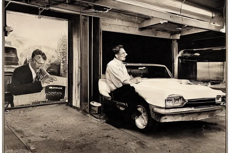 Prompt: a man in car garage sittin with smoke, magazine design, white background, by norman rockwell and rene gruau