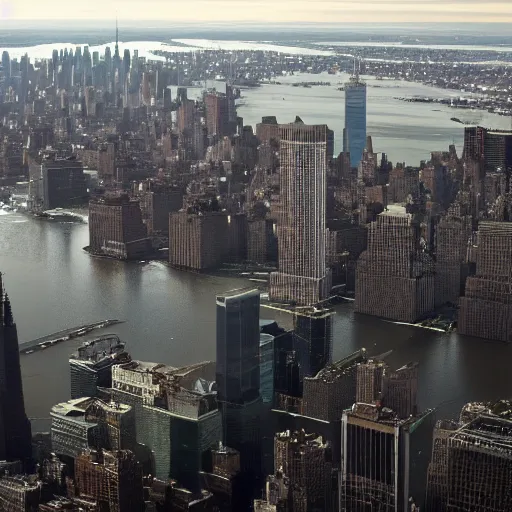 Image similar to flooded NYC with only the Empire State Building visible above the water