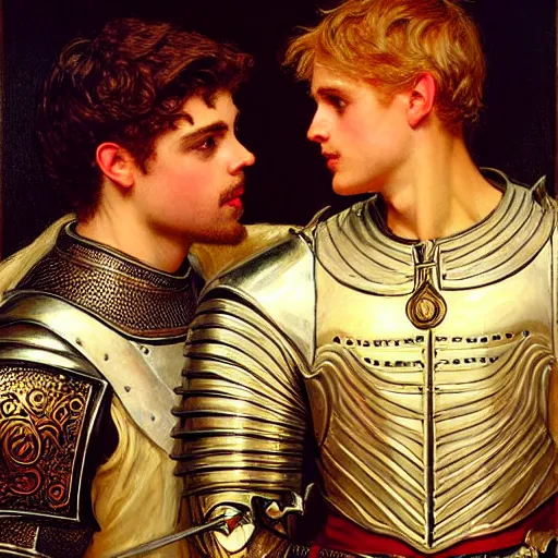 Image similar to attractive fully clothed arthur pendragon confesses his love for his attractive fully clothed male knight. highly detailed painting by gaston bussiere and j. c. leyendecker 8 k