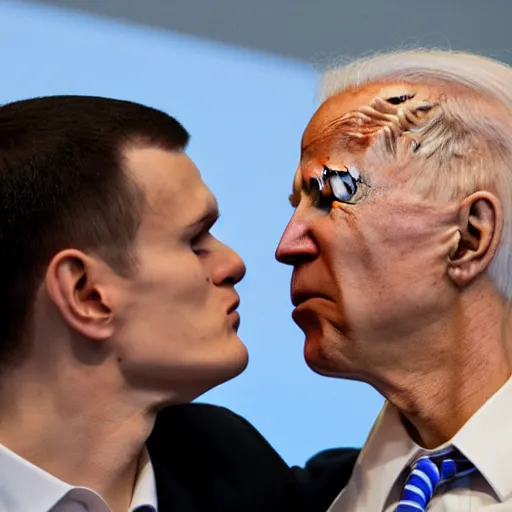 Prompt: vitalik buterin kissing joe biden