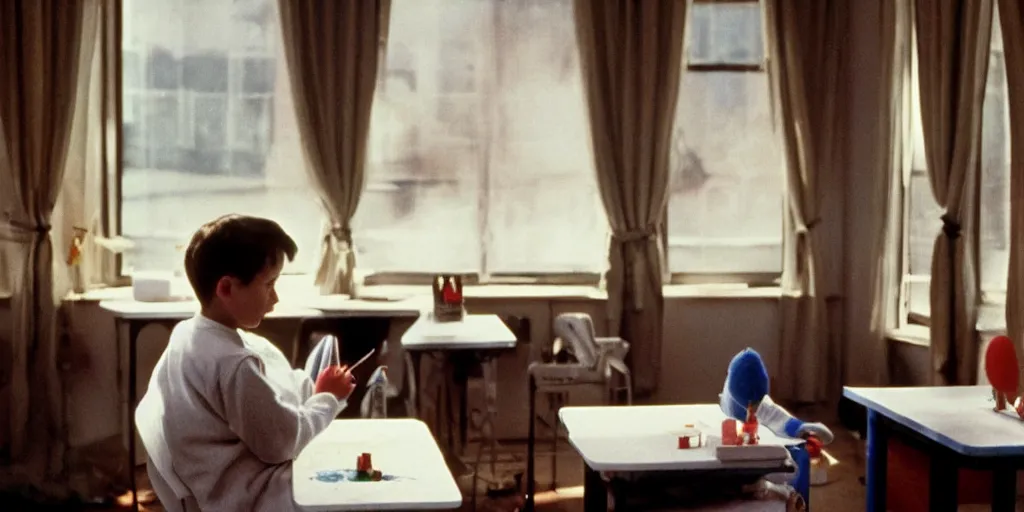 Prompt: screenshot of a scene at a private school where a senator's son paints his nails alone, 1990s psychological thriller by Stanely Kubrick film, color, anamorphic lenses, detailed, sunlit windows, moody cinematography