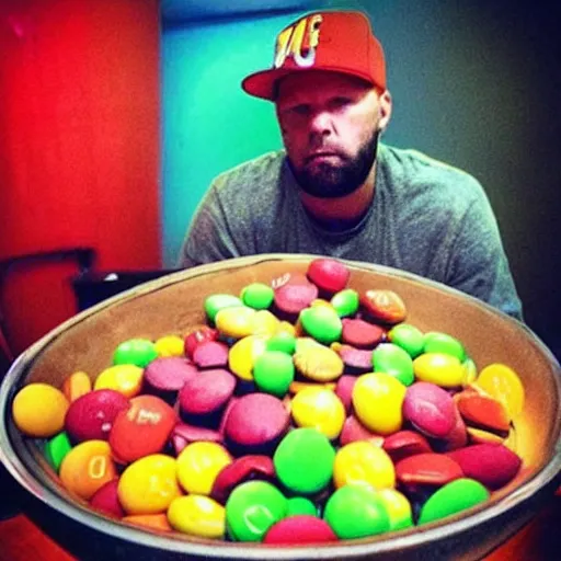 Image similar to “ fred durst eating a giant bowl of skittles ”