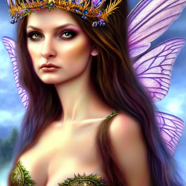 Image similar to beautiful adult fairy queen, highly detailed, 4 k, hdr, smooth, sharp focus, high resolution, award - winning photo, anne stokes, photorealistic, hyper realistic