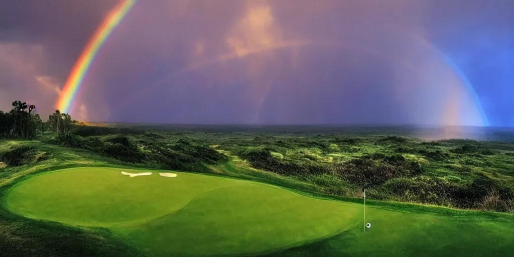 Prompt: a great photograph of the most amazing golf hole in the world, on top of the clouds, lightning storm and a rainbow, sunlight, ambient light, golf digest, top 1 0 0, fog