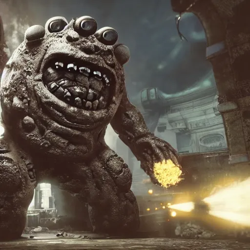 Image similar to evil large spongebob monster in gears of war, splash art, movie still, detailed face, photorealistic facial features, cinematic lighting, dramatic, octane render, long lens, shallow depth of field, bokeh, anamorphic lens flare, 8 k, hyper detailed, 3 5 mm film grain