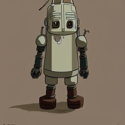 Image similar to a study of cell shaded cartoon of a grey robot mandrake from howl's moving castle ( 2 0 0 4 ) on a desert road, full body, wide shot, very muted colors, post grunge, studio ghibli, laurie greasley, highly detailed, deviantart, art by artgem