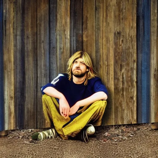 Prompt: Kurt Cobain, using psychodelic drugs in a wooden shed, sitting in a corner, surreal, abstract, HD, 4K