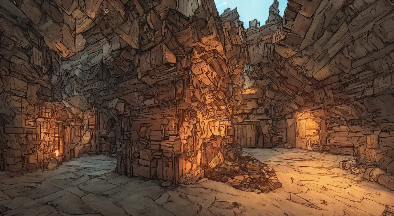 Image similar to wood wall fortress greeble block amazon jungle portal door unknow world global illumination ray tracing ambiant torch fornite that looks like it is from borderlands and by feng zhu and loish and laurie greasley, victo ngai, andreas rocha, john harris