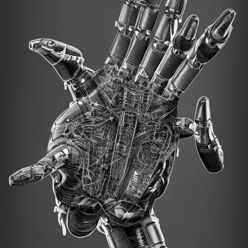 Prompt: exploded view diagram of a cybernetic hand with all parts labeled, intricate and detailed assembly drawing of a cyborg, jaw dropping details, fantasy concept art, hyper realistic illustration, 8 k, artstation