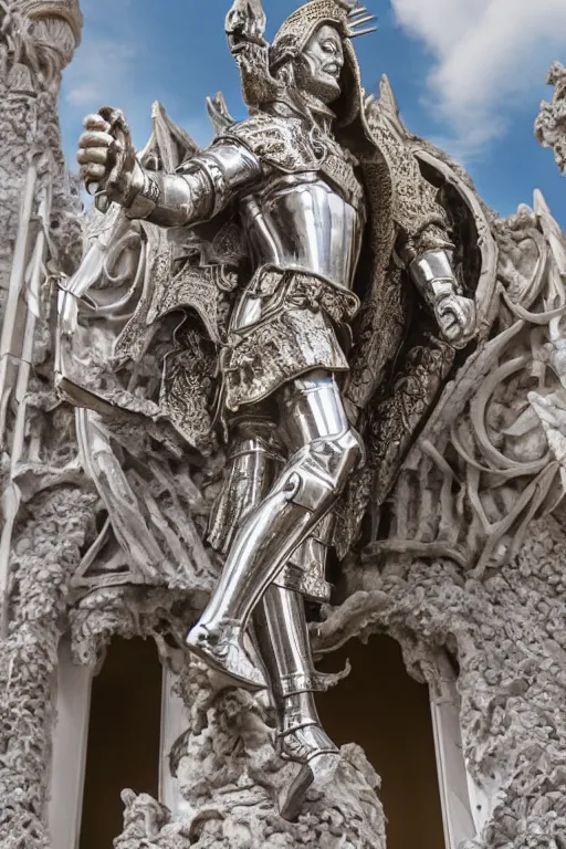 Image similar to a cinematic view of a ornated intricate gothic sacred statue of saint george made in light concrete, with few ornaments in shiny polished chrome, sculpted by gaudi