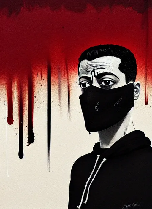 Image similar to highly detailed moody portrait of rami malek, elliot anderson, black hoody by atey ghailan, by greg rutkowski, by greg tocchini, by james gilleard, by joe fenton, by kaethe butcher, gradient red, black and white color scheme, grunge aesthetic!!! ( ( graffiti tag wall background, f society mask ) )