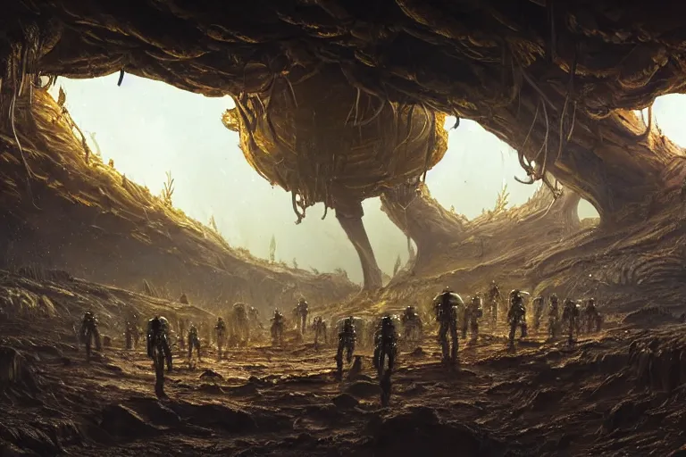 Image similar to Epic science fiction cavescape. In the foreground is soldiers in battle-armor searching, in the background alien machinery and alien eggs. An abandoned alien spaceship is between them. Stunning lighting, sharp focus, extremely detailed intricate painting inspired by H.R. Giger and Simon Stalenhag