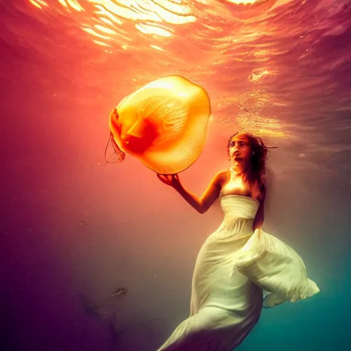 Image similar to masterpiece wide angle portrait of a beautiful woman swimming with jellyfish, dynamic lighting, colored, translucent, national geographic