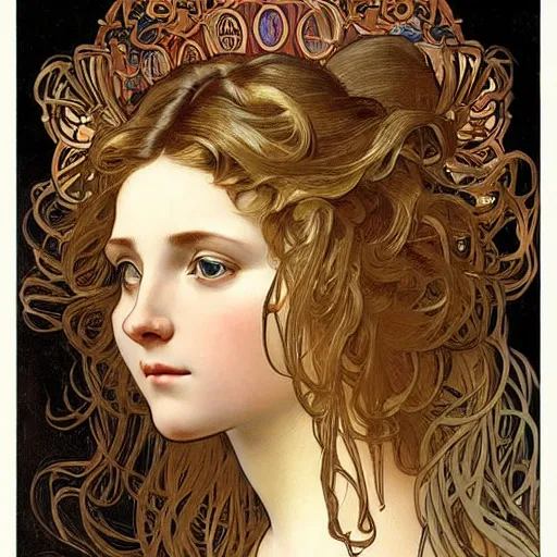Prompt: realistic detailed face portrait of a beautiful Renaissance princess with flowing hair by Alphonse Mucha, Greg Hildebrandt, and Mark Brooks, gilded details, spirals, Neo-Gothic, gothic, Art Nouveau, ornate medieval religious icon
