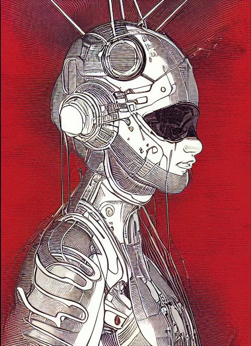 Image similar to 2 d illustration, grained risograph, vintage sci - fi comicbook portrait of a futuristic silver armored geisha district 9 cyborg, parallax, fractal, intricate, elegant, highly detailed, subsurface scattering, by jheronimus bosch and moebius louis jacques mande daguerre and szukalski