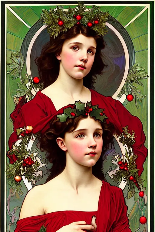 Prompt: realistic art nouveau style detailed portrait of 1 4 - year - old millie bobby brown wearing a holly wreath as a crown at christmas by alphonse mucha, william adolphe bouguereau, and donato giancola art nouveau style, red and green christmas colors