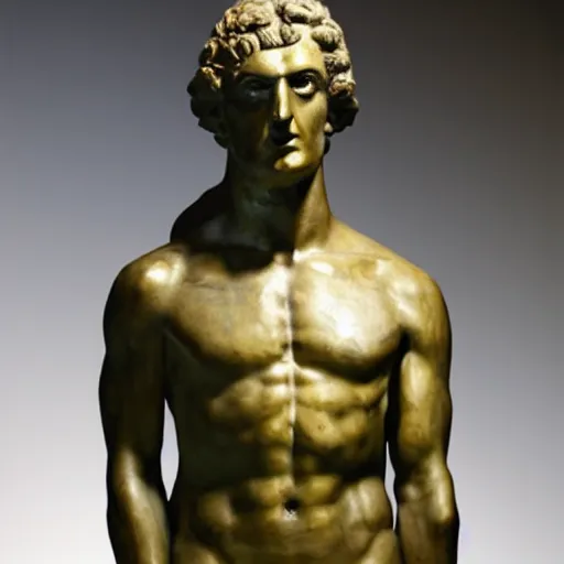 Prompt: An ancient greek bronze statue as The American Psycho, Cinematic still