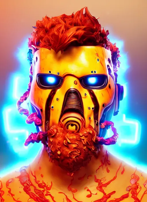 Image similar to glowwave portrait of curly orange hair man from borderlands 3, au naturel, hyper detailed, digital art, trending in artstation, cinematic lighting, studio quality, smooth render, unreal engine 5 rendered, octane rendered, art style by klimt and nixeu and ian sprigger and wlop and krenz cushart.