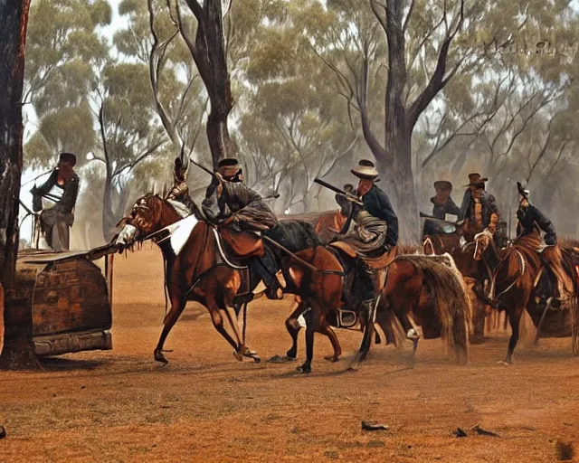 Image similar to australian bushranger edward kelly ned kelly, award winning epic action photography in rich colors