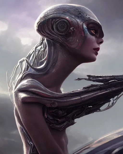 Image similar to a beautiful female alien posing on a car, beautiful face, highly detailed face, close - up, fantasy art, female art, in the style of greg rutkowski, illustration, epic, fantasy, intricate, hyper detailed, artstation, concept art, smooth, sharp focus, ray tracing