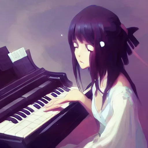 Image similar to anime girl Playing the Piano instrument , digital Art, Greg rutkowski, Trending cinematographic artstation