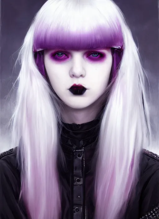 Image similar to portrait of white teenage girl, normal face, white bangs, mall goth, cyberlox, black and white hair, bangs, fluffy bangs, red contact lenses, purple lipstick, intricate, elegant, highly detailed, digital painting, artstation, concept art, sharp focus, smooth, illustration, art by wlop, mars ravelo and greg rutkowski