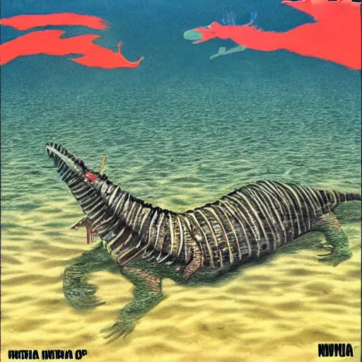 Image similar to nirvana nevermind album cover with a spinosaurus