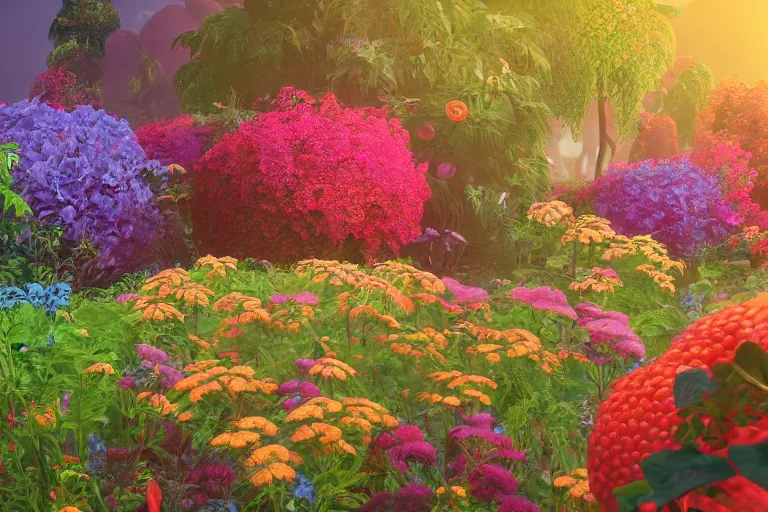 Image similar to super detailed color art, a lot of small garden flowers, A multiverse of berries, unreal engine, wes anderson color palette, 3d render, colorful, digital art