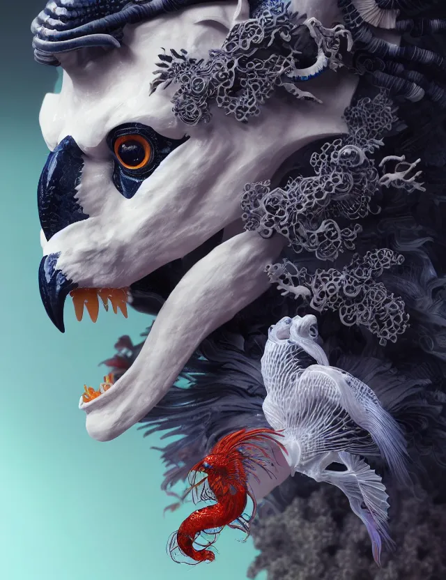 Image similar to 3 d scene of interior modelling goddess close - up profile portrait with ram skull. beautiful intricately detailed japanese crow kitsune mask and clasical japanese kimono. betta fish, jellyfish phoenix, bio luminescent, plasma, ice, water, wind, creature, artwork by tooth wu and wlop and beeple and greg rutkowski