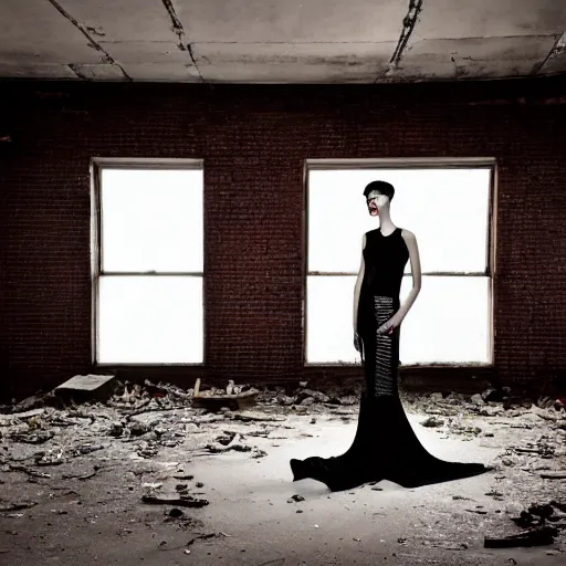 Prompt: medium format photograph of a surreal fashion shoot in an abandoned building, camera flash, night