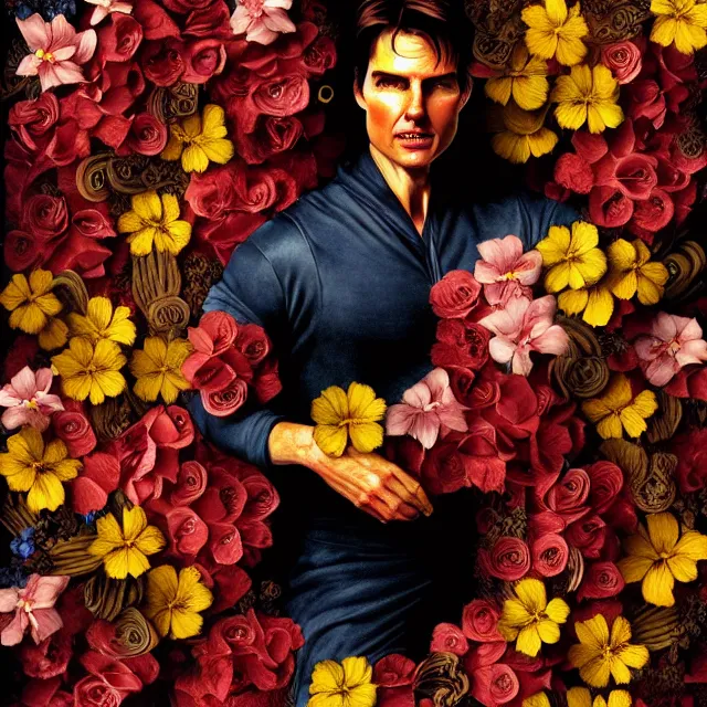 Image similar to bizarre surreal renaissance portrait of tom cruise as a box made out various flowers, dramatic cinematic lighting, bold colors, 8 k, beautiful intricate painting, hyper realistic, octane render