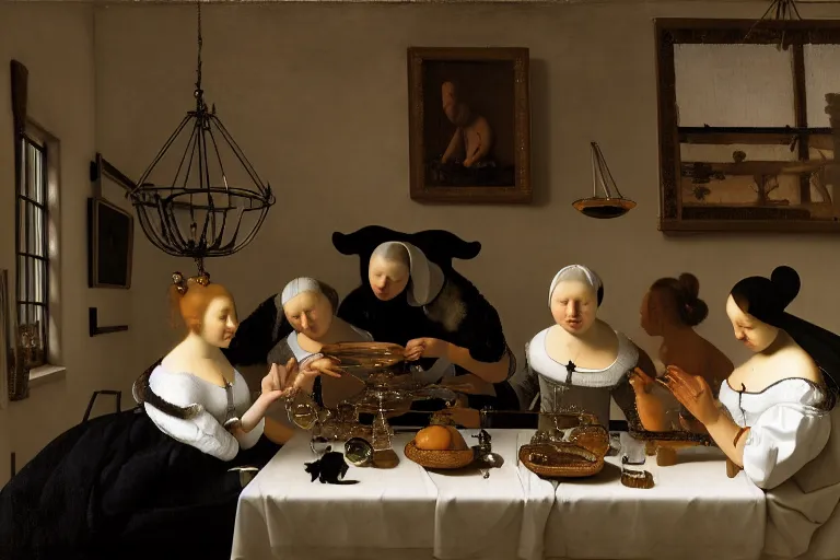 Prompt: bunch of catgirls, dlsr photography, 8 k, hyperrealism, professional studio shot, cinematic, anatomically correct, single source of light 4 5 degrees, vanitas, memento more artstyles, by pieter claesz, willem heda, jan vermeer, stunning details, ideal composition, divine proportion, intricate, fine arts journal cover