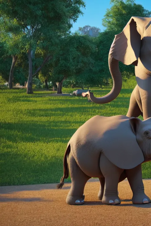 Prompt: hybrid animal mixing elephant and rhinoceros sitting in a park. pixar style, octane render