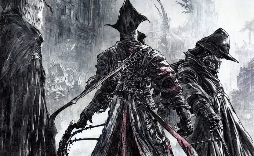 Image similar to bloodborne by yoji shinkawa and yoshitaka amano