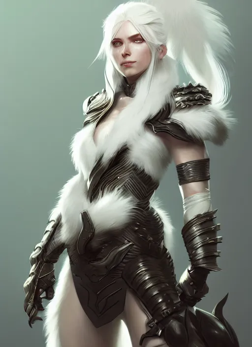 Image similar to fur - lined armor!!! beautiful and elegant white haired female!! gorgeous ayes!! character concept art, sharp focus, octane render! unreal engine 5! highly rendered!! trending on artstation!! detailed linework!! illustration by bussiere rutkowski andreas rocha